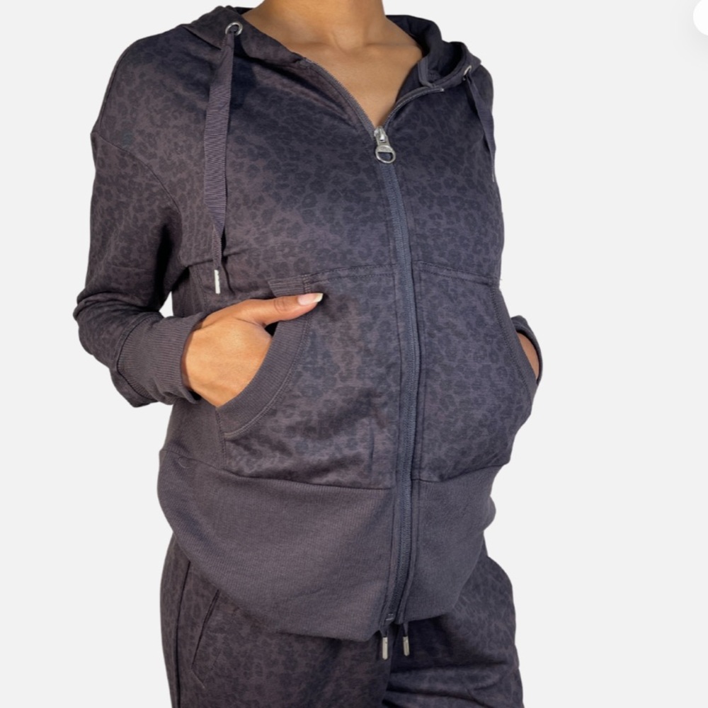 Apana Little Leopard Print Petrol Hooded Zipper Close Pocket Sweat Jacket